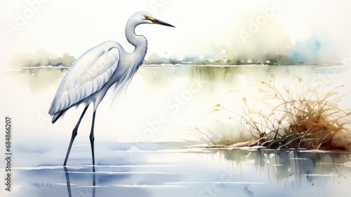 Graceful Watercolor Egret Wading in Shallow Water AI Generated