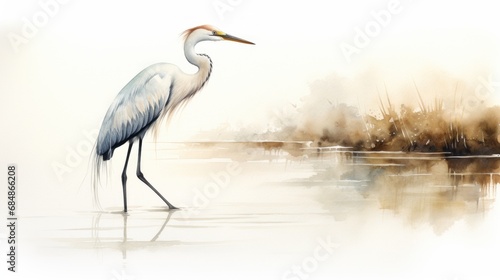 Graceful Watercolor Egret Wading in Shallow Water AI Generated © Alex