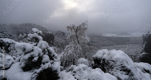Wallpaper Mural Die Breite Kluft-Aussicht (von Rauschenstein, linkselbisch Zschirnstein, Zirkelstein bis zur Kaiserkrone) der Schrammsteine (Nationalpark Sächsische Schweiz) ist im Winter ein besonderes Bergerlebnis. Torontodigital.ca