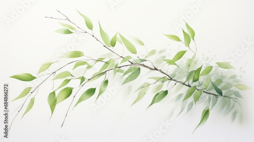 A Serene Watercolor Depiction of a Willow Branch with Gentle Swaying Leaves AI Generated