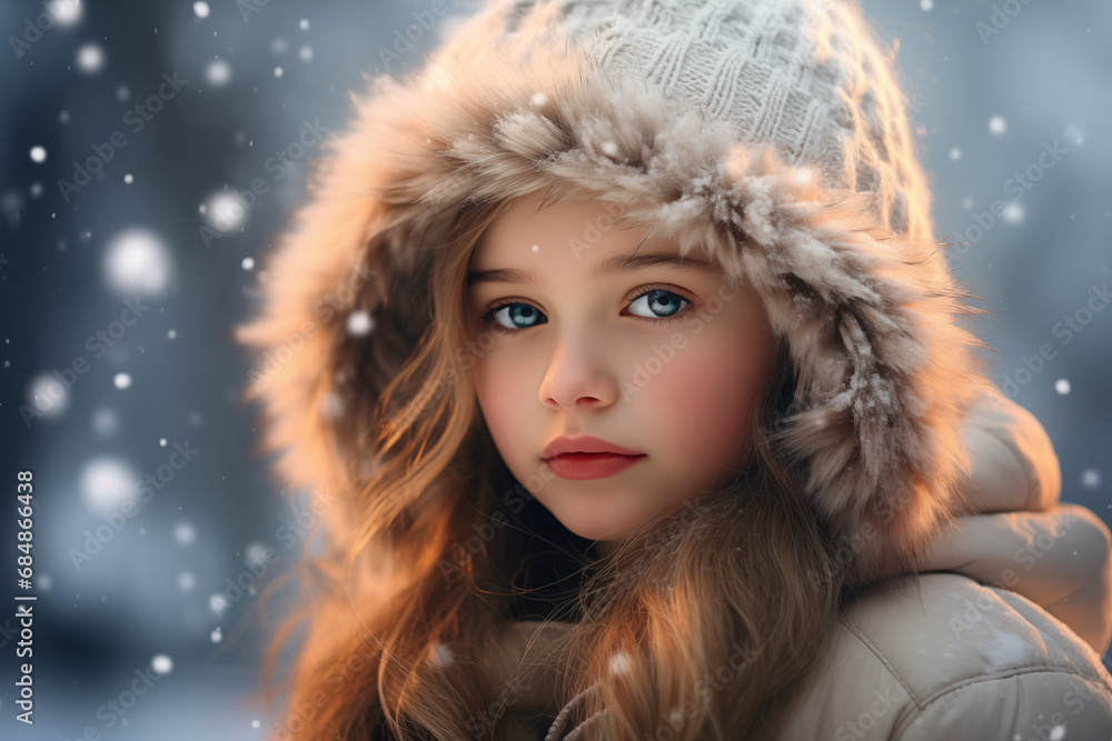 Smiling little girl in frosty snowy winter park. Sunny day with flying snowflakes. Joyful cute child having fun. Happy teenage girl in the snow Smiling little girl in frosty snowy winter park. Sunny day with flying snowflakes. Joyful cute child having fun. Happy teenage girl in the snow