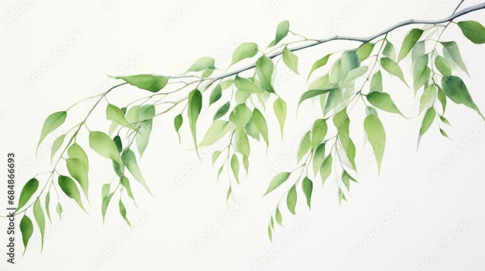 A Serene Watercolor Depiction of a Willow Branch with Gentle Swaying Leaves AI Generated - obrazy, fototapety, plakaty 