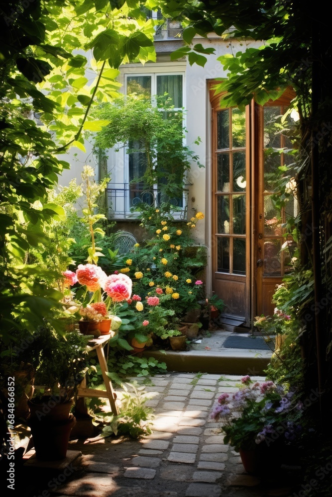 Backyard garden with door at soft summerday