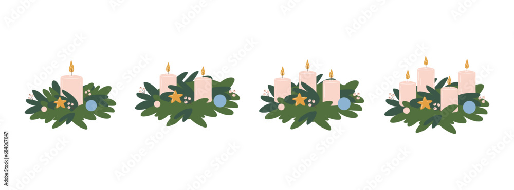 Fototapeta premium Advent wreaths set with candles.Vector illustration in flat style