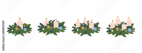 Advent wreaths set with candles.Vector illustration in flat style