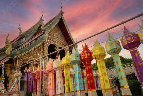 Colorful Lamp Festival and Lantern in Loi Krathong at Wat Phra That Hariphunchai, Lamphun Province Thailand photo