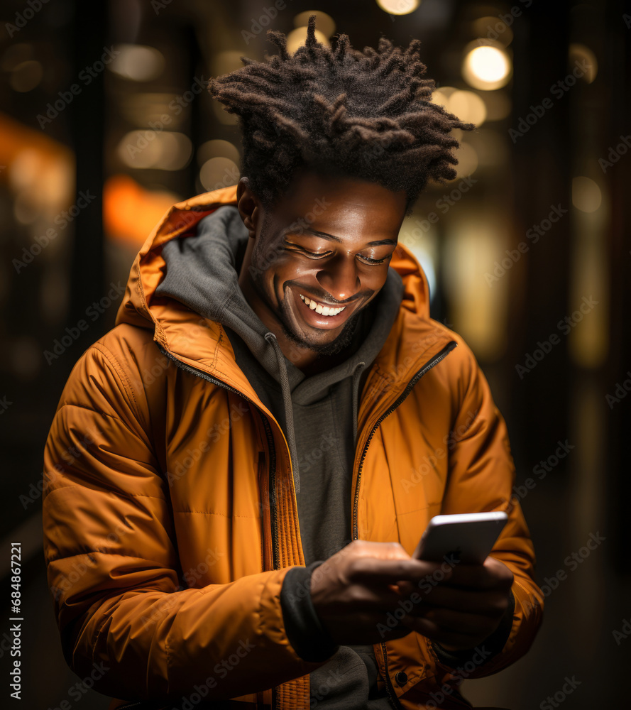 Black man, phone and laughing on studio background for internet joke, meme and social media comedy. Smile, happy and funny gen z male person on mobile technology for website, humor and comic post Black man, phone and laughing on studio background for internet joke, meme and social media comedy. Smile, happy and funny gen z male person on mobile technology for website, humor and comic post