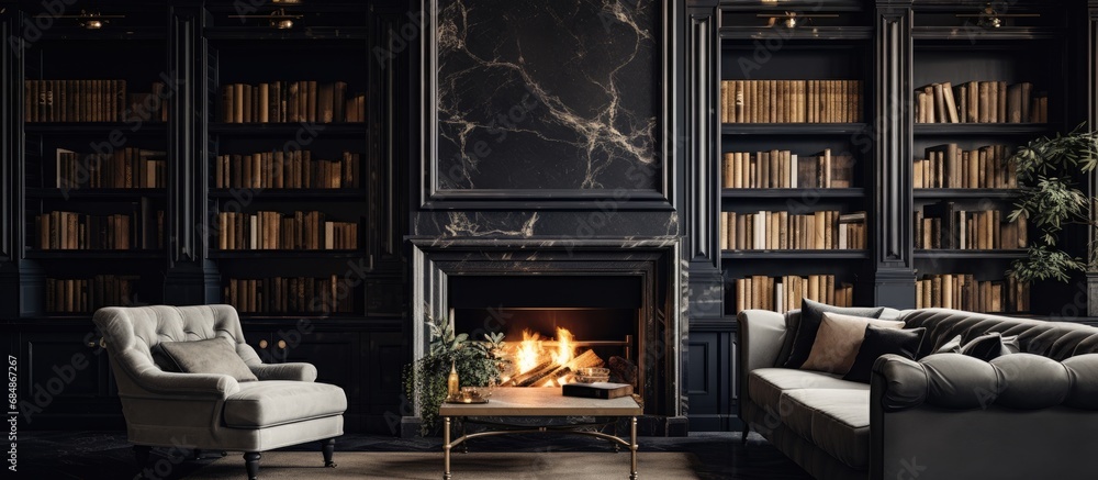 Luxurious residence with stylish library and elegant black marble fireplace. - obrazy, fototapety, plakaty 