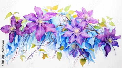 Vibrantly Blooming Watercolor Clematis Vine Flowers AI Generated © Alex