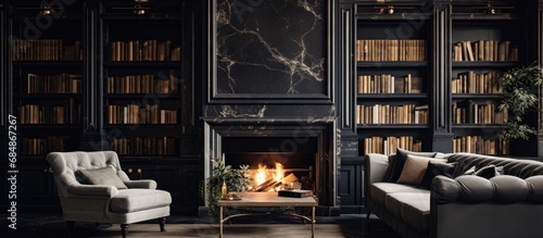Luxurious residence with stylish library and elegant black marble fireplace. photo