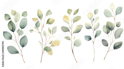 Watercolor eucalyptus branches set. Hand painted illustration. Generative AI