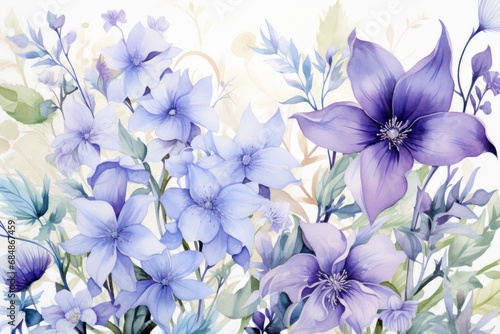 Seamless pattern with blue iris flowers  watercolor illustration Generative AI