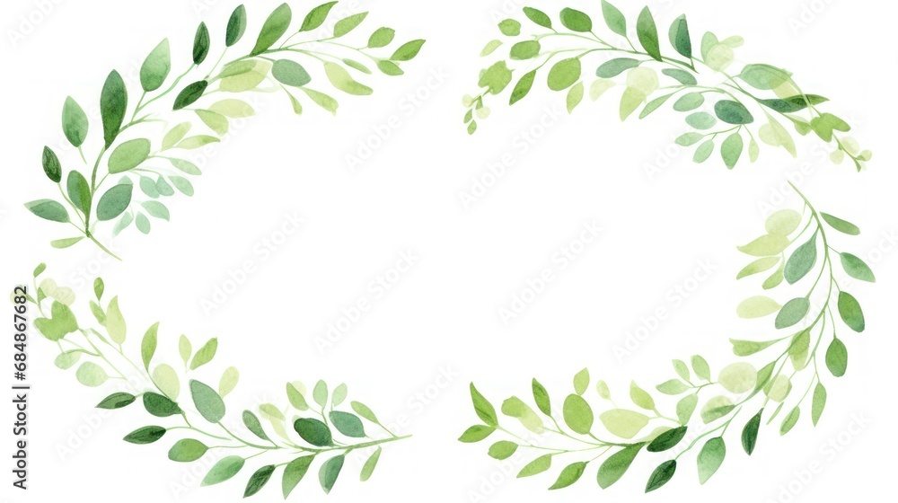 Watercolor floral wreath with green leaves, hand drawn isolated on white background Generative AI
