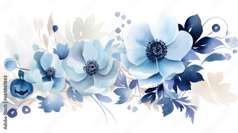 Blue anemone flowers, watercolor painting on a white background Generative AI