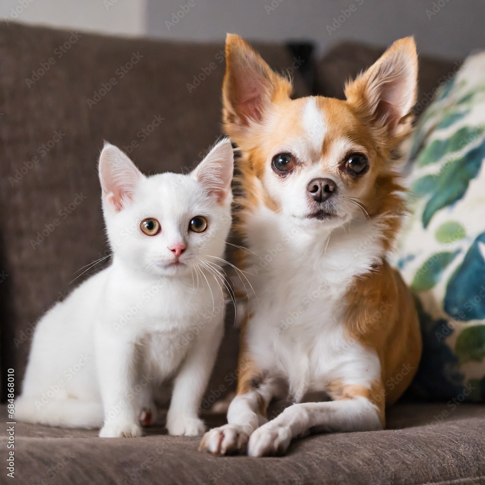 Adorable chihuahua and white kitten lying together on the couch looking at camera. Generative AI