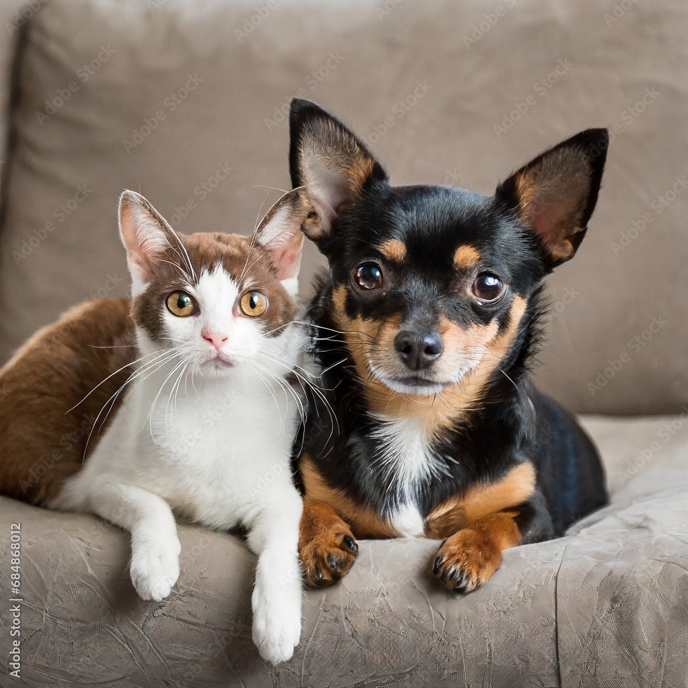 Adorable chihuahua and white kitten lying together on the couch looking at camera. Generative AI