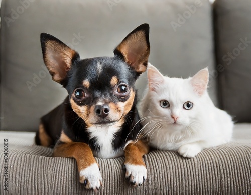 Adorable chihuahua and white kitten lying together on the couch looking at camera. Generative AI