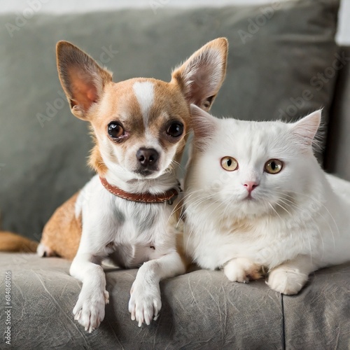 Adorable chihuahua and white kitten lying together on the couch looking at camera. Generative AI