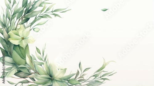 Watercolor floral background with green eucalyptus branches and leaves. Generative AI