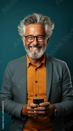 Senior man, portrait and phone for social media app, internet and website on color background mockup. Face, smile and happy pensioner with mobile technology for influencer blog post in house with bok © Allistair/Peopleimages - AI