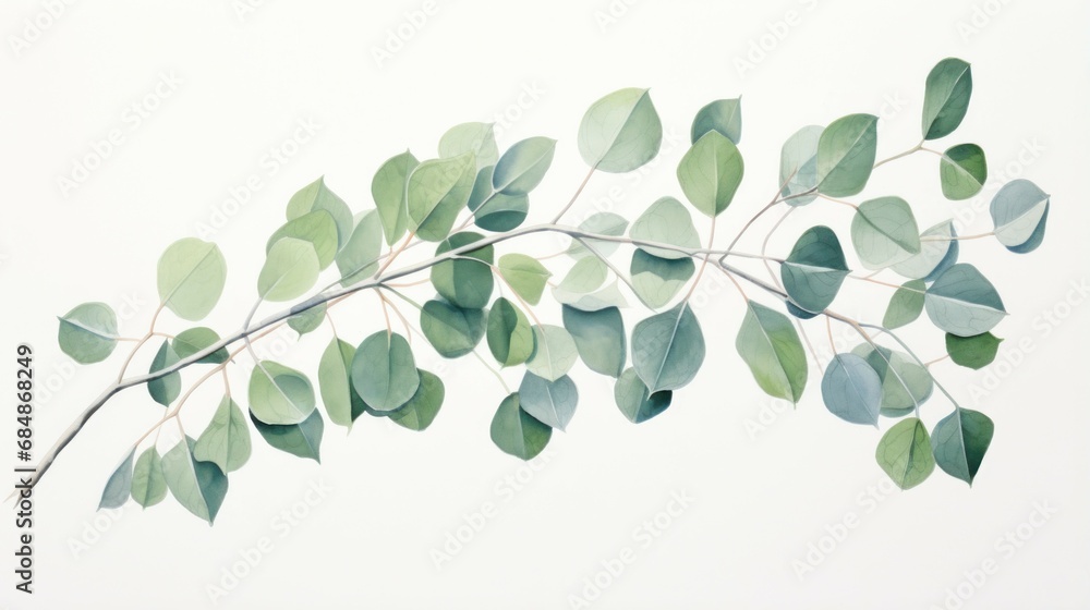 Eucalyptus branches on white background. Flat lay, top view. Generative AI