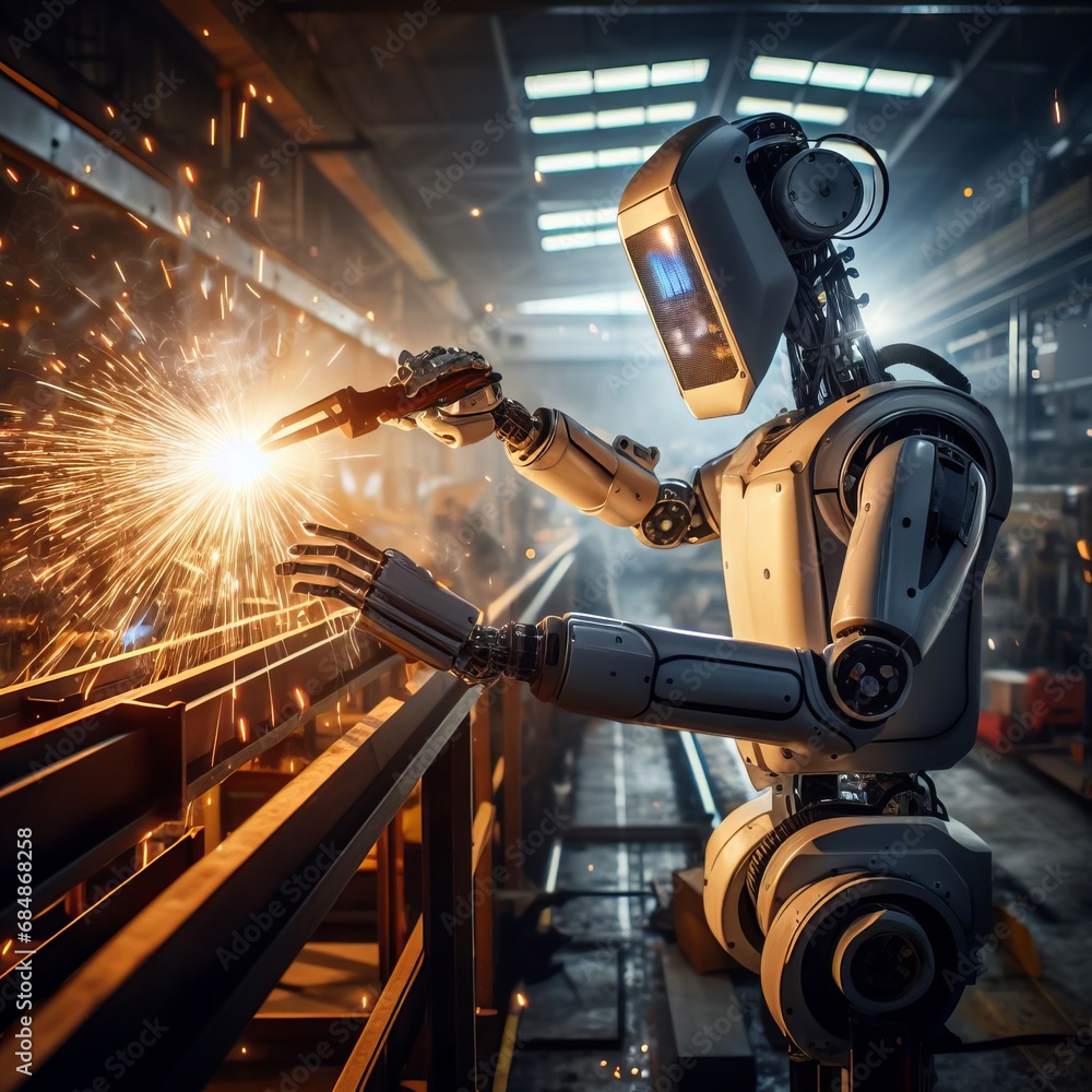 Robot welder welds a part at a car factory Robot welder welds a part at a car factory
