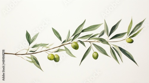 Olive branch with green olives on white background. Vintage style. Generative AI photo