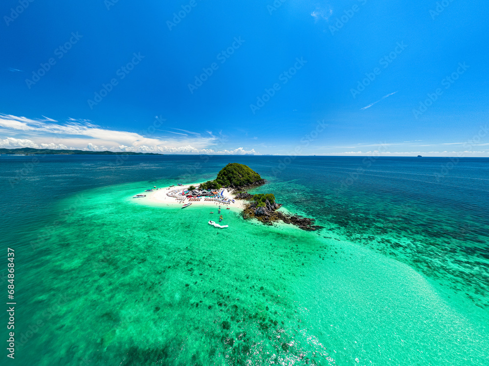 Aerial view drone shot of Amazing small island beautiful tropical sandy beach landscape view at koh Khai maew Island in Phang Nga Thailand,Amazing small island with many Cats live in small island
