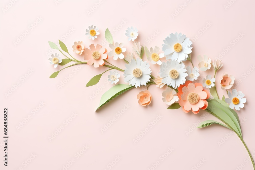 Beautiful spring paper cut flowers on soft pink color background. Valentine's Day, Birthday, Happy Woman Day, Mother's Day. Holiday poster and banner
