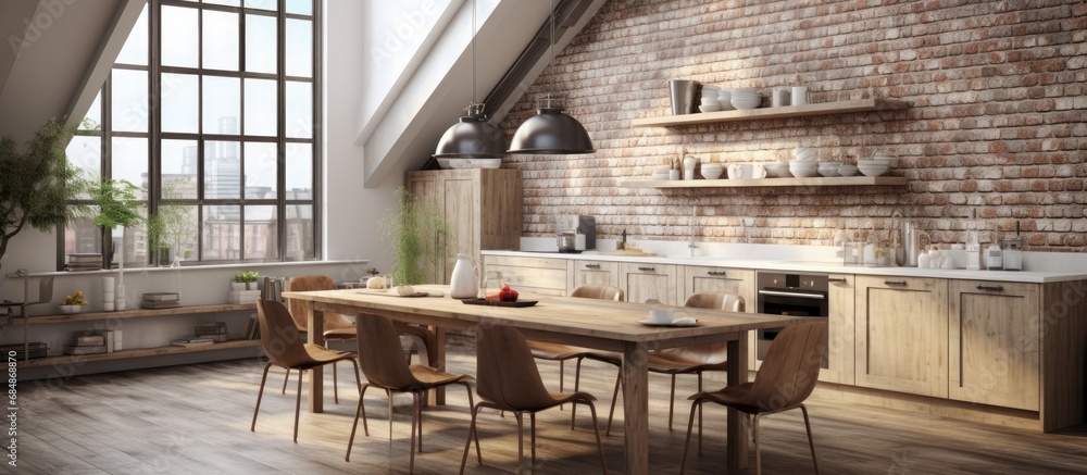 Loft apartment's 3D rendering of a contemporary Nordic kitchen. Loft apartment's 3D rendering of a contemporary Nordic kitchen.