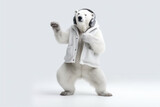 Polar bear in headphones listening music and making dance moves on white background