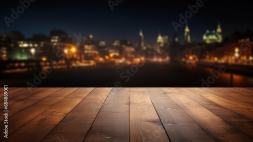 .empty table dark top with blur background of town, Advertisement, Print media, Illustration, Banner, for website, copy space, for word, template, presentation © Space_Background