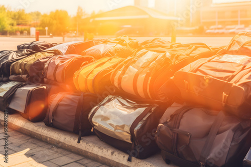 Lying luggage at an airport as an effect of the staff shortage of the ground personnel. Neural network AI generated art photo