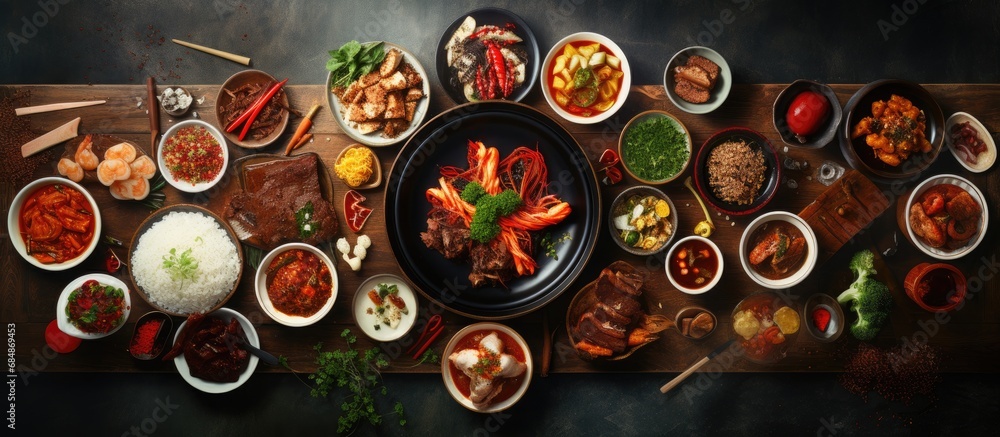 Korean traditional dishes, presented from above in a panoramic view, showcasing Asian cuisine. Korean traditional dishes, presented from above in a panoramic view, showcasing Asian cuisine.