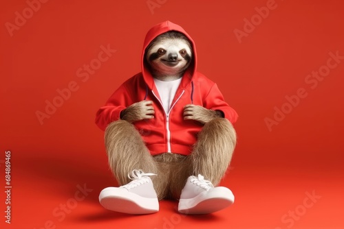 sloth exuding relaxation lounges in a red hoodie, contrasting with a bright red background, looking ready for a laid back day photo