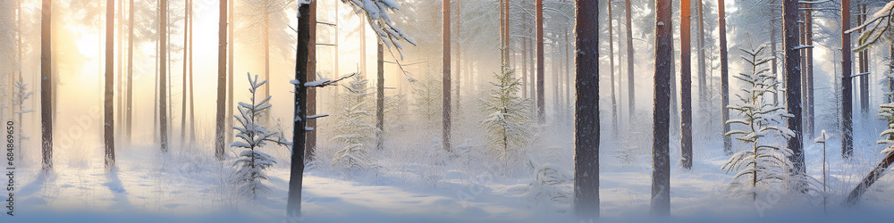 Naklejka premium winter landscape in the forest, long narrow panoramic view, the rays of the morning sun at sunrise in the frosty fog between the trees