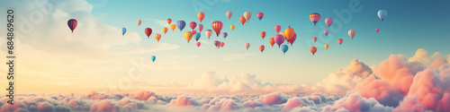panorama of multicolored balloons in the sky above the clouds, long narrow panoramic view, background, space, freedom and happiness