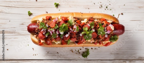 Italian-style hot dog sandwich from Chile, photographed from above on a white wooden surface with natural lighting. photo