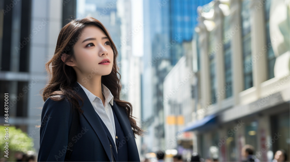 ビルを見つめる若手の女性社員 ビルを見つめる若手の女性社員