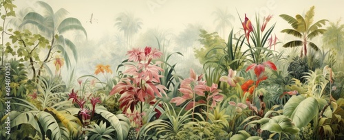 Watercolor pattern wallpaper. Painting of a jungle landscape. © Simon