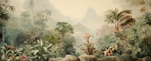 Watercolor pattern wallpaper. Painting of a jungle landscape.