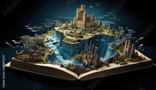 Open book with beautiful fantasy landscape inside. 