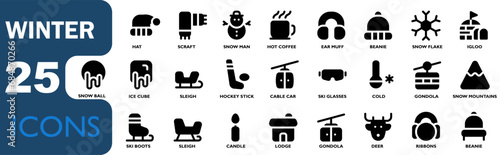 winter theme icon set,contains snow,snowflake,warm hat,candle,ski boots,snowman,black solid icons style, for web,ui and apk photo