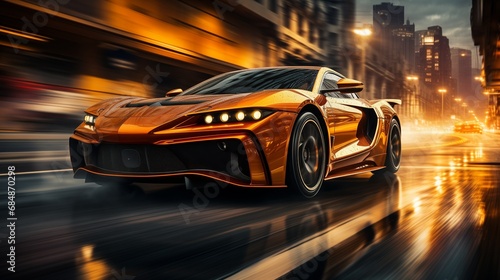 An orange sports car speeding along a city street at night. Generative AI. 