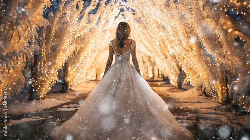 bride in a white dress with a veil in a winter park view from the back, Christmas snowy nature