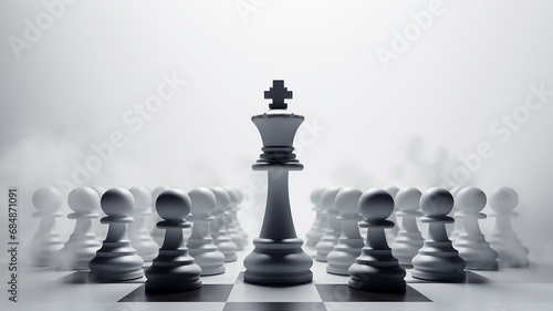 a group of chess-like figures on a white background of fog and smoke  the concept of strategy decision-making  business tactics. fictional chess pieces