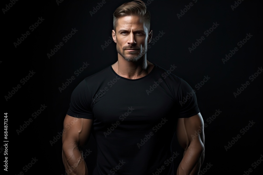 Handsome, muscular male fashion model with a black t-shirt standing in a dark room. Handsome, muscular male fashion model with a black t-shirt standing in a dark room.