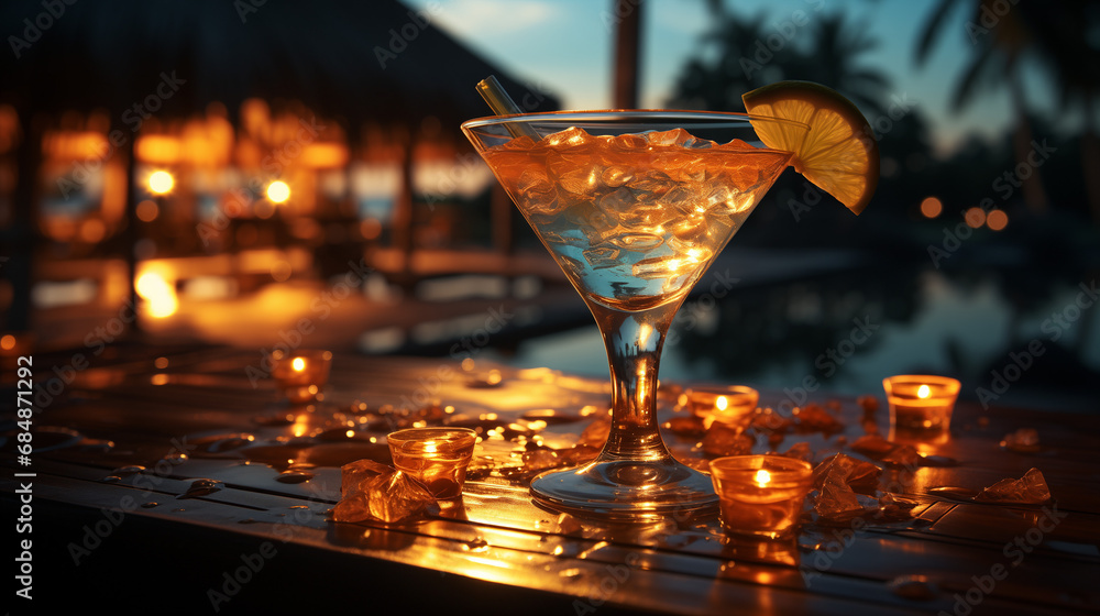 A beautiful delicious cocktail served at a bar on the beach. Generative AI. 