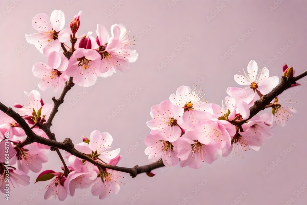 Pink spring cherry blossom flowers on a tree branch isolated against a flat background