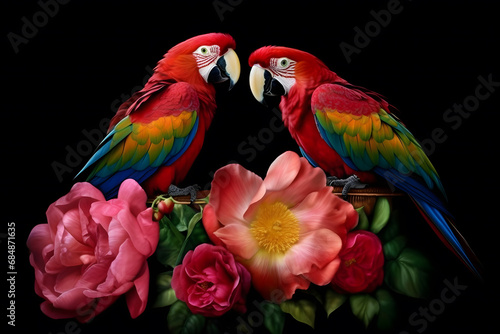 beautiful rainbow parrots and flowers on a black background. Neural network AI generated art © mehaniq41